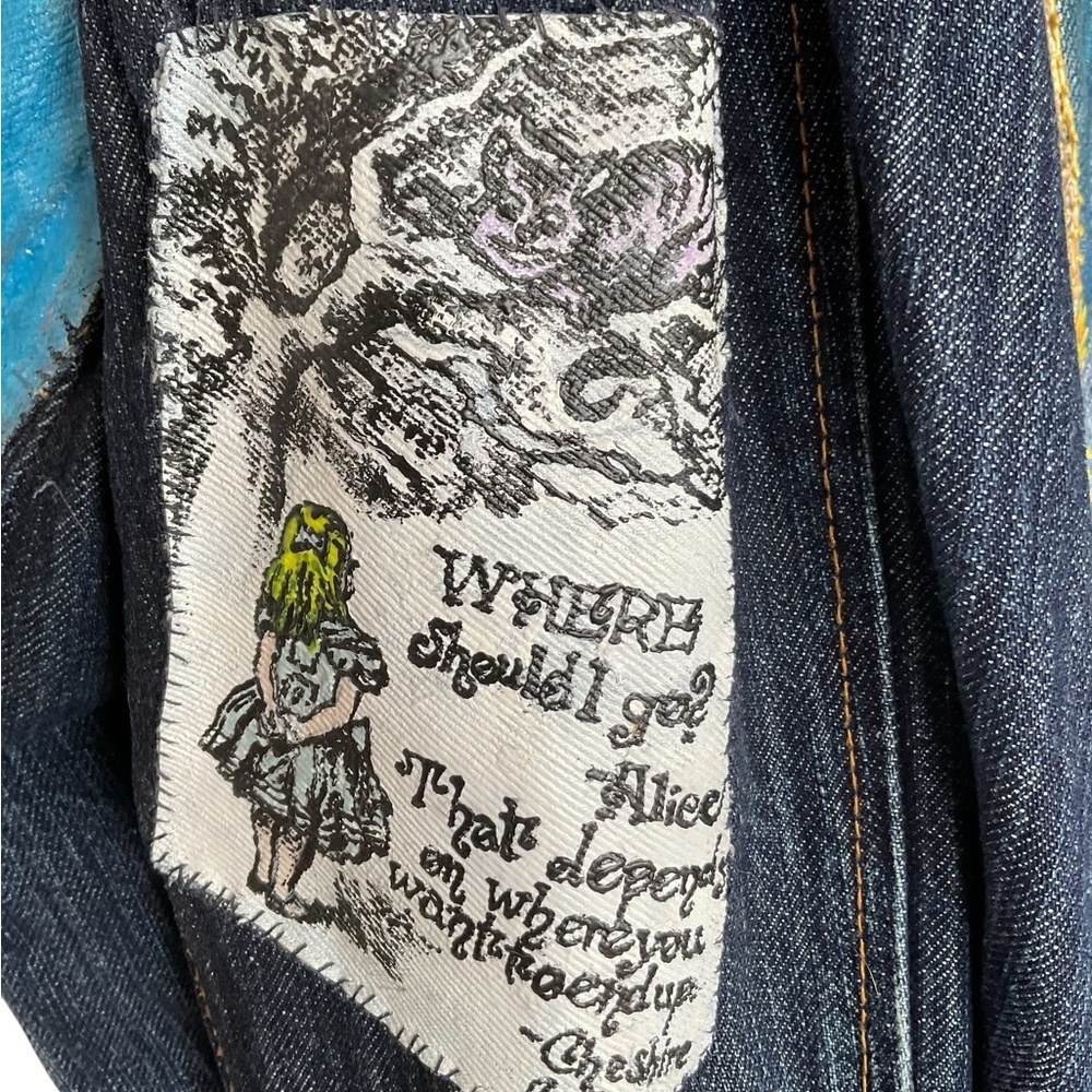 Hand Painted Alice in Wonderland | Cheshire Cat | Denim Jacket | Oversized | XXL - Picture 6 of 14